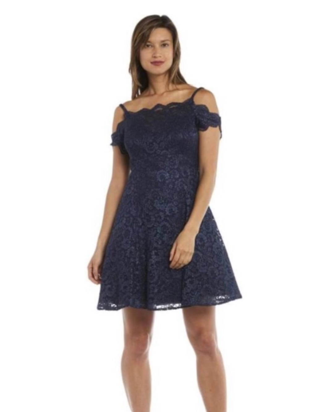 Morgan & Co Navy Blue Glitter Lace Cold Shoulder Skater Dress Size 17 Formal